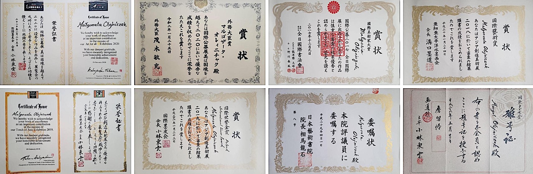 A selection of the honors and diplomas she has earned in Japan, among them the Foreign Minister’s Commendation, a testament to years of dedication to her art.